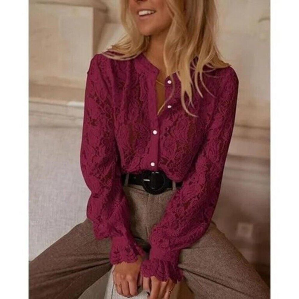 ✨ Prettygarden Women's Dressy Lace Blouse Long Sleeve Button Up Shirt Large NWT